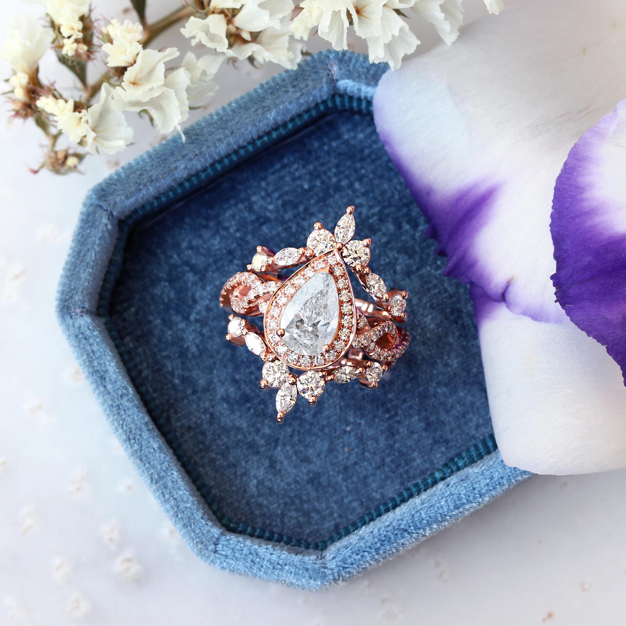 Art Deco Pear Moissanite with Diamond Halo Twist Shank Wedding Three Ring Set, 