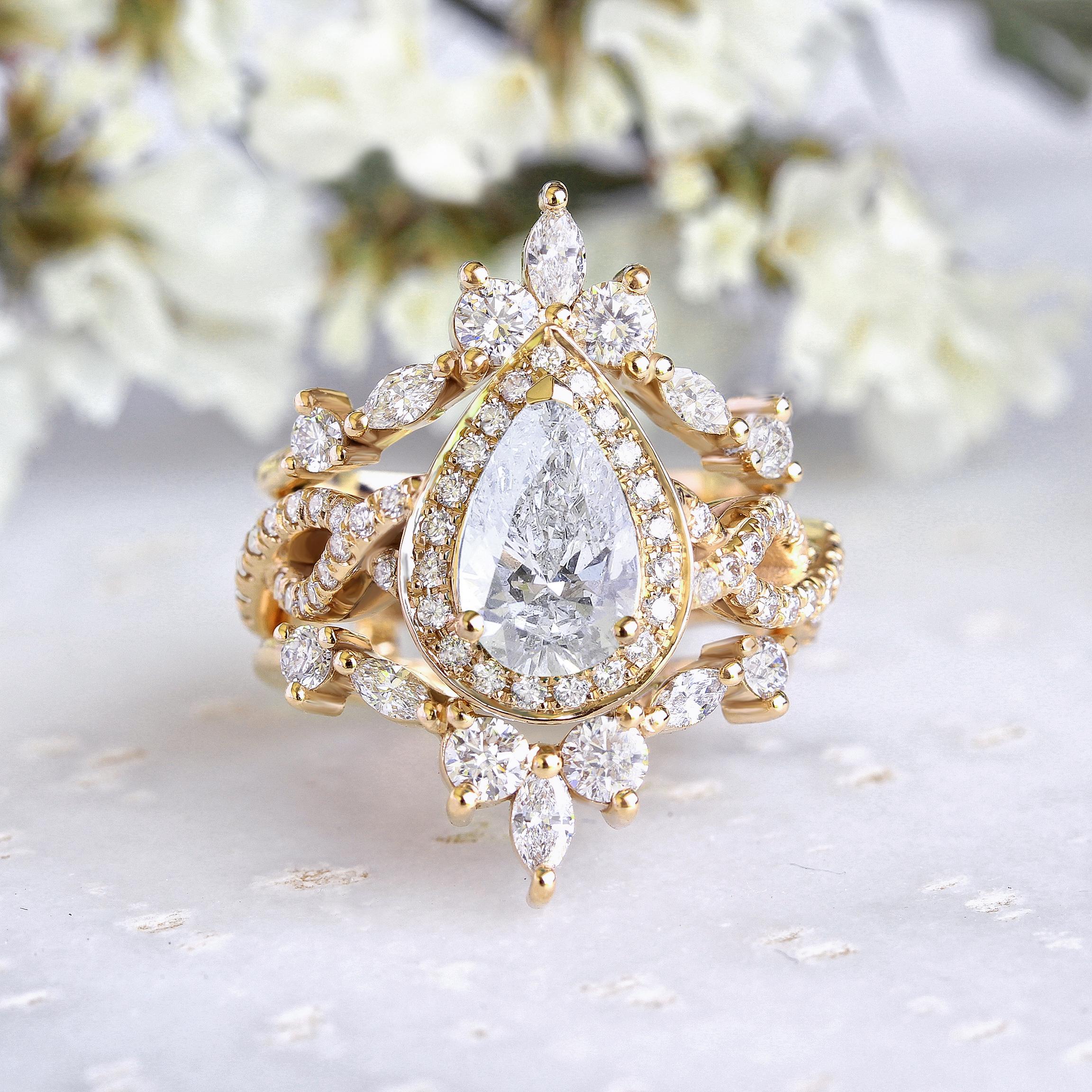 Pear Moissanite with Diamond Halo Twist Shank Wedding Three Ring Set, 