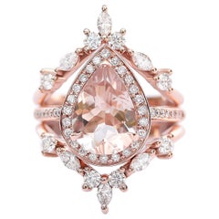 Pear Morganite 2.0ct & Diamond Halo Bridal Ring Set, Nia Trio + Two IcelandBands