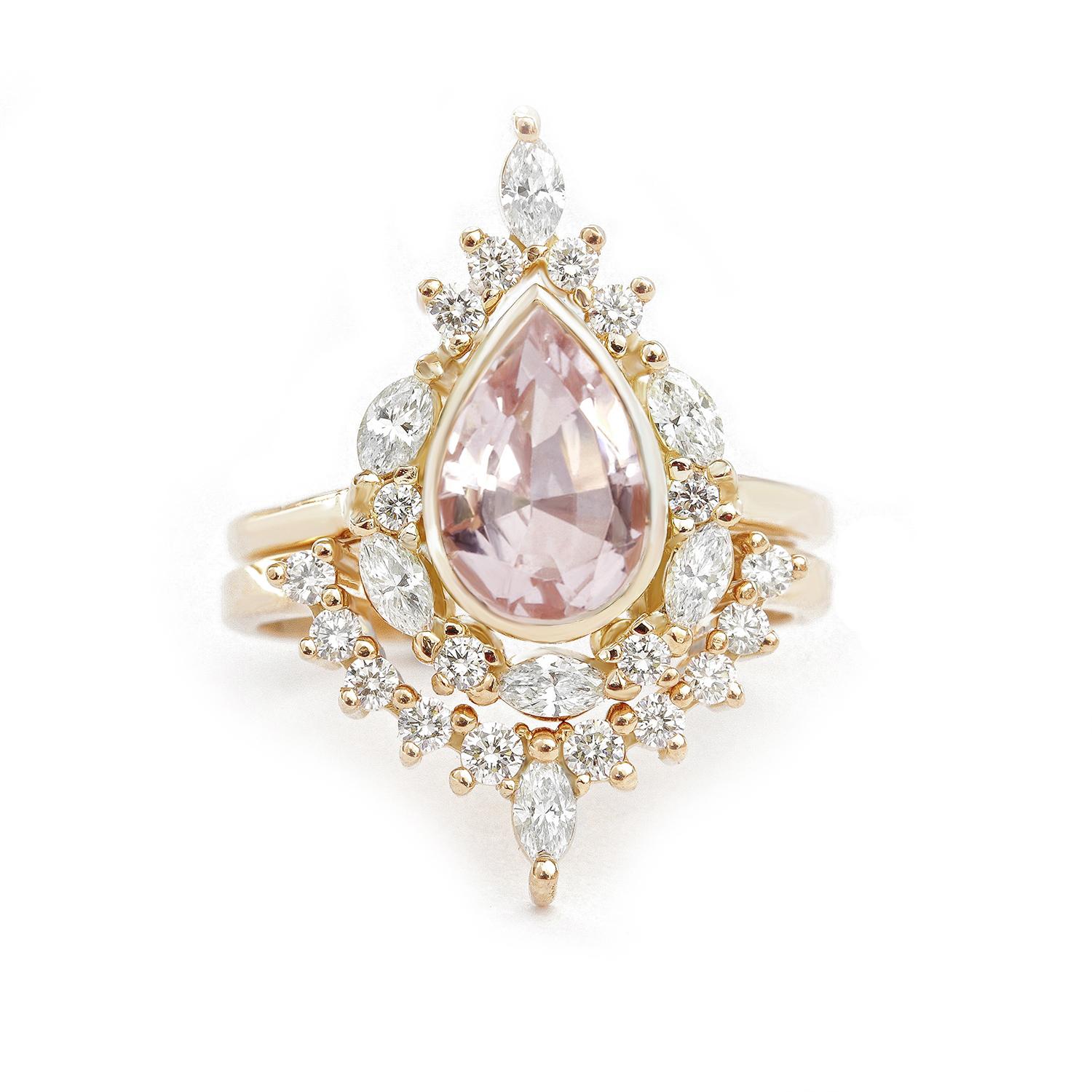 Art Deco Pear Morganite and Diamonds Unique Engagement Ring Set - Eva For Sale