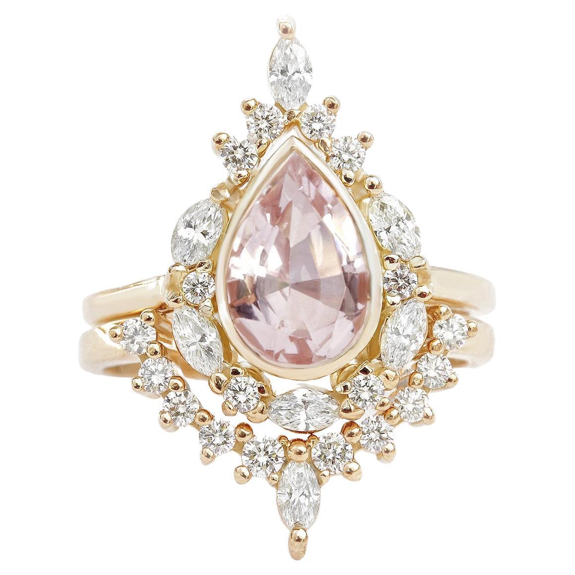 Pear Morganite and Diamonds Unique Engagement Ring Set - Eva For Sale