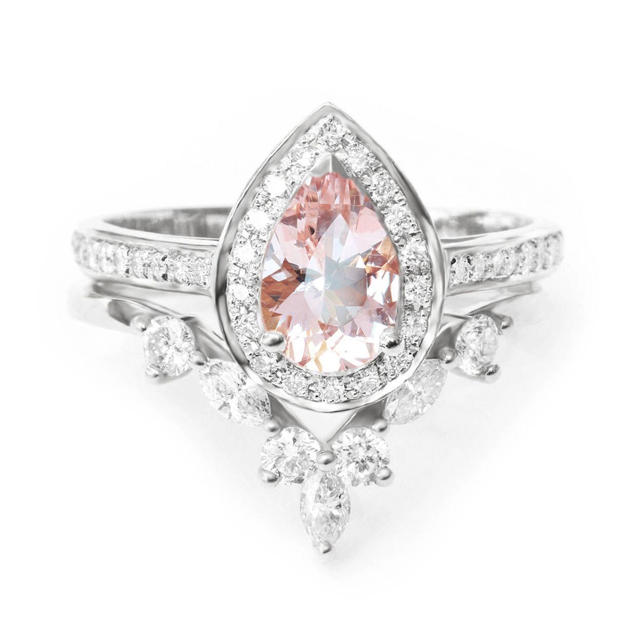 Art Deco Pear Morganite & Diamond Halo Ceremonial Two Ring set - Nia & Hermes For Sale