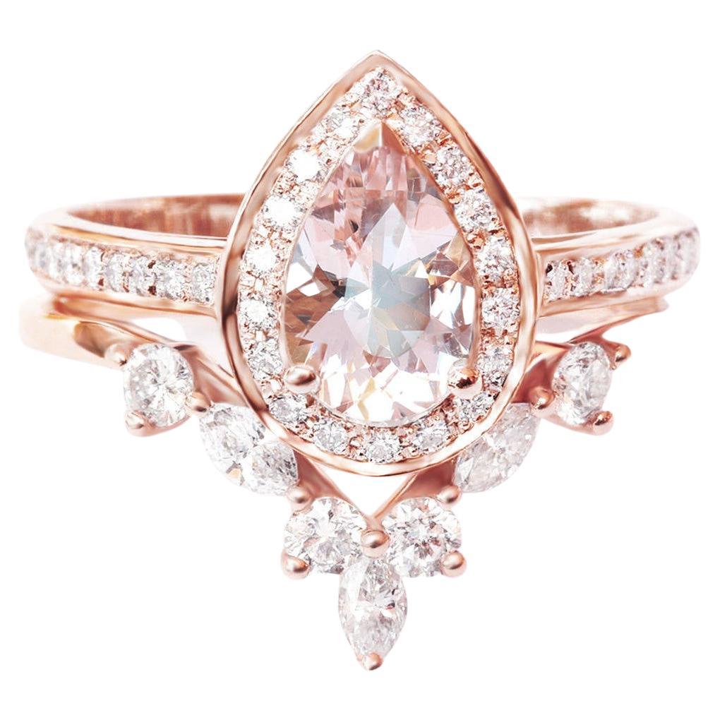 Pear Morganite & Diamond Halo Ceremonial Two Ring set - Nia & Hermes For Sale