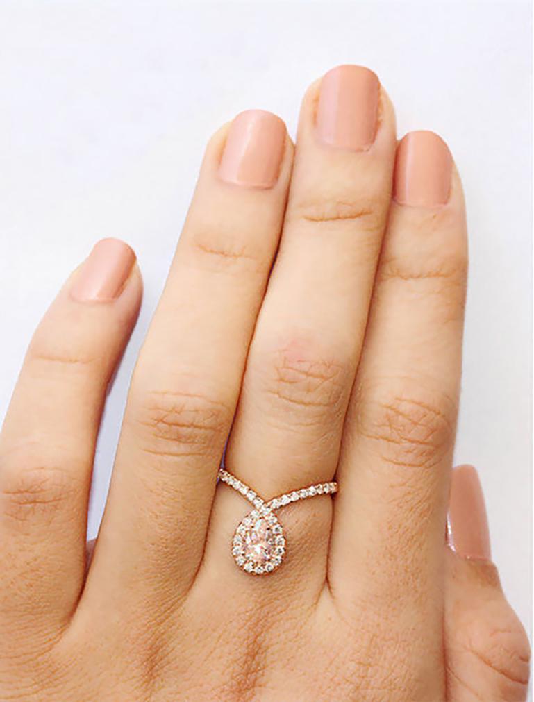 Beautiful pear morganite & diamond unique engagement ring - Bliss.
Handmade with care. 
An original design by Silly Shiny Diamonds. 

Details: 
* Center Stone Shape: Pear shape. 
* Center Stone Type: Pink morganite, 7X5mm.
* Accent Stones: Natural