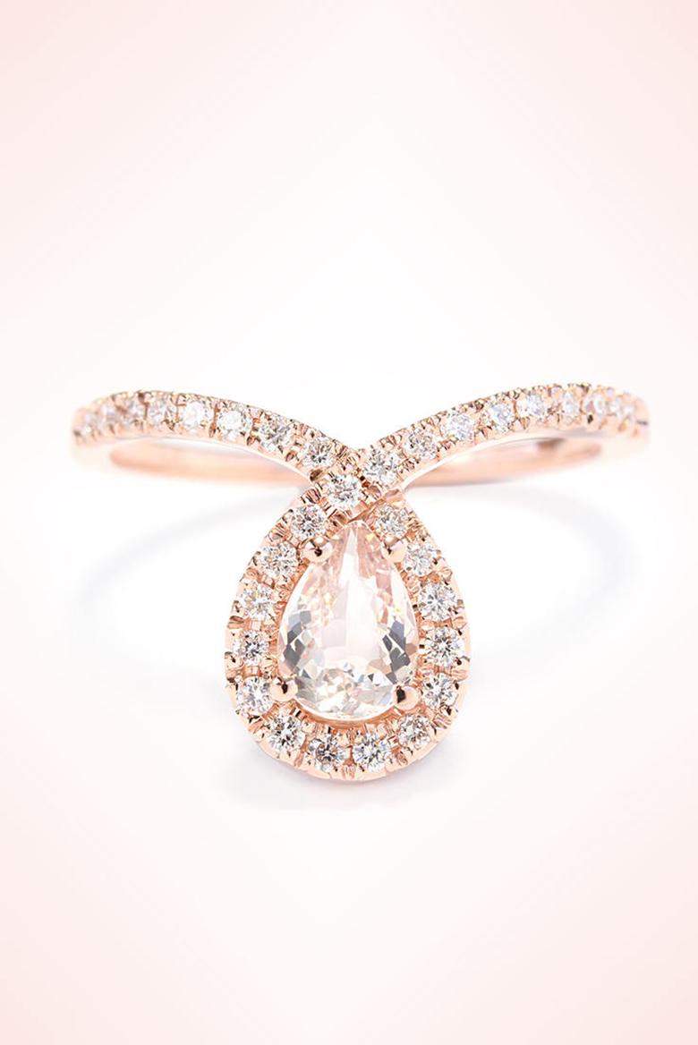 Art Deco Pear Morganite & Diamond Halo Loop Unique and Delicate Engagement Ring Bliss For Sale