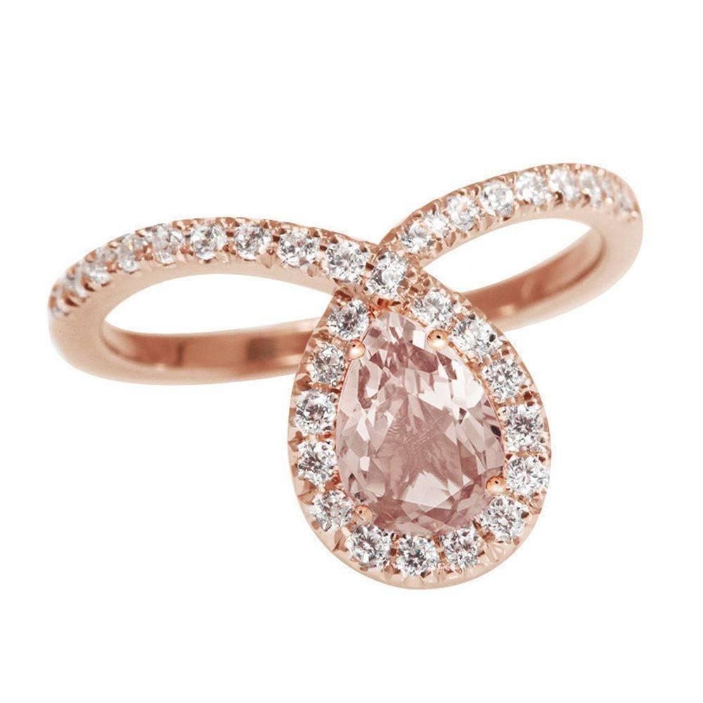 Pear Morganite & Diamond Halo Loop Unique and Delicate Engagement Ring Bliss In New Condition For Sale In Hertsliya, IL