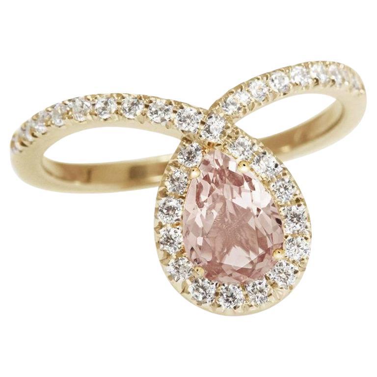 Pear Morganite & Diamond Halo Loop Unique and Delicate Engagement Ring Bliss For Sale