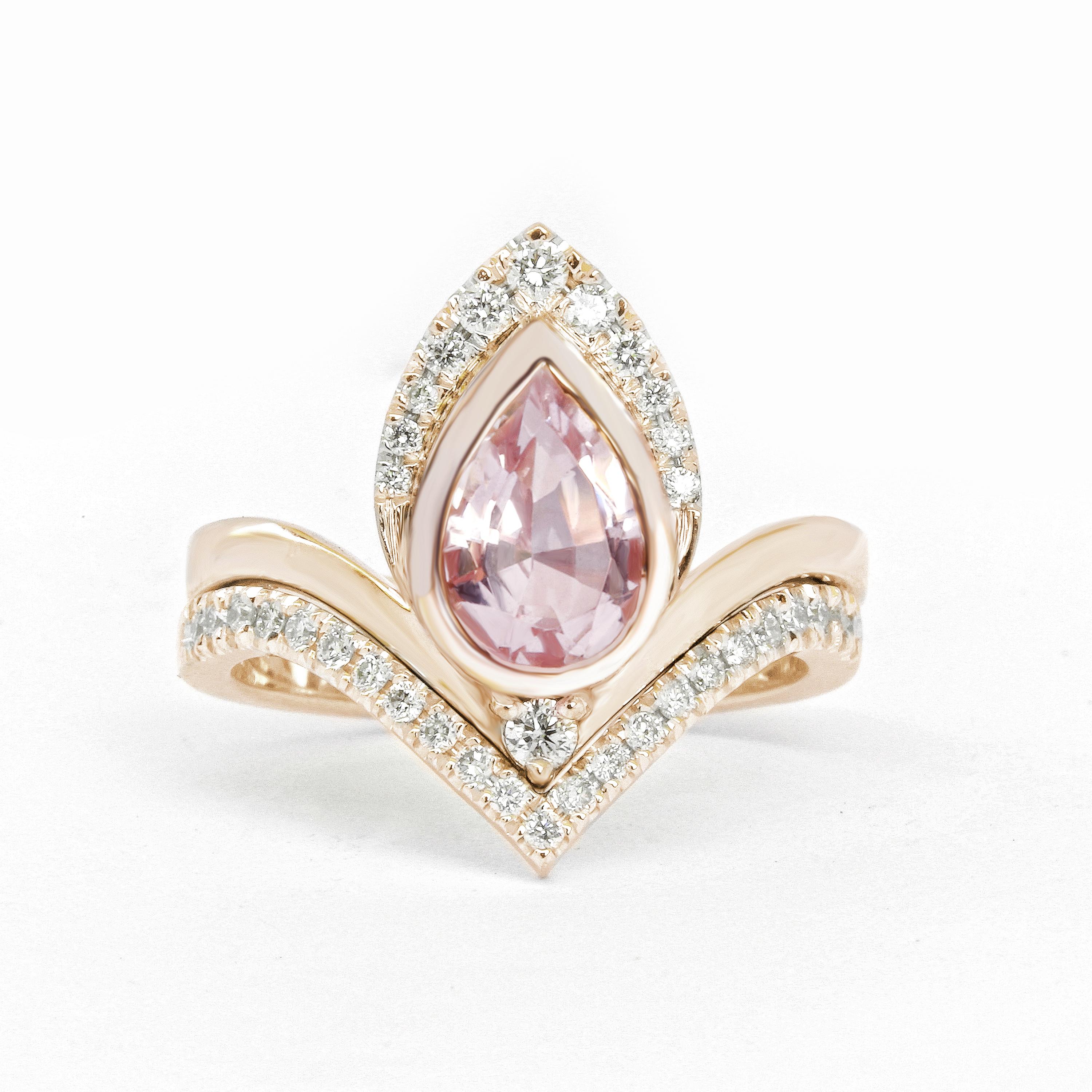 Art Deco Pear Morganite & Diamonds Unique Engagement Ring Set - Atyasha V For Sale