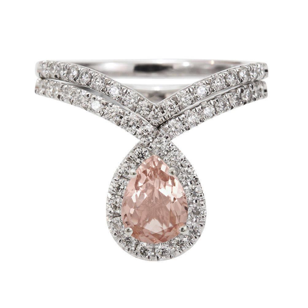 Art Deco Pear Morganite & Diamonds Unique Engagement Wedding Rings Set 