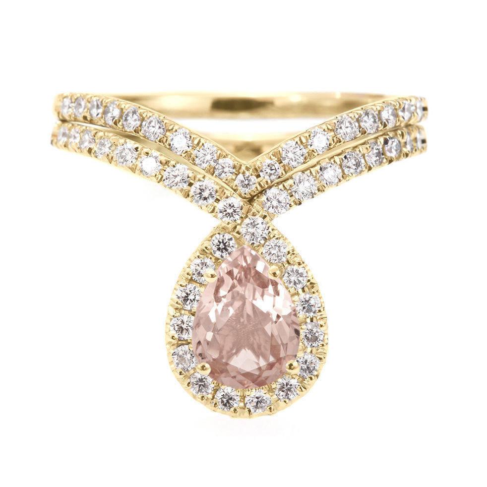 Pear Cut Pear Morganite & Diamonds Unique Engagement Wedding Rings Set 