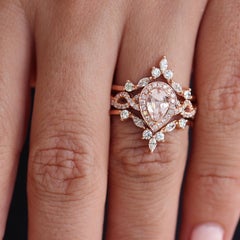 Pear Morganite Twist Shank Engagement & Iceland Wedding Ring Guard Enhancer