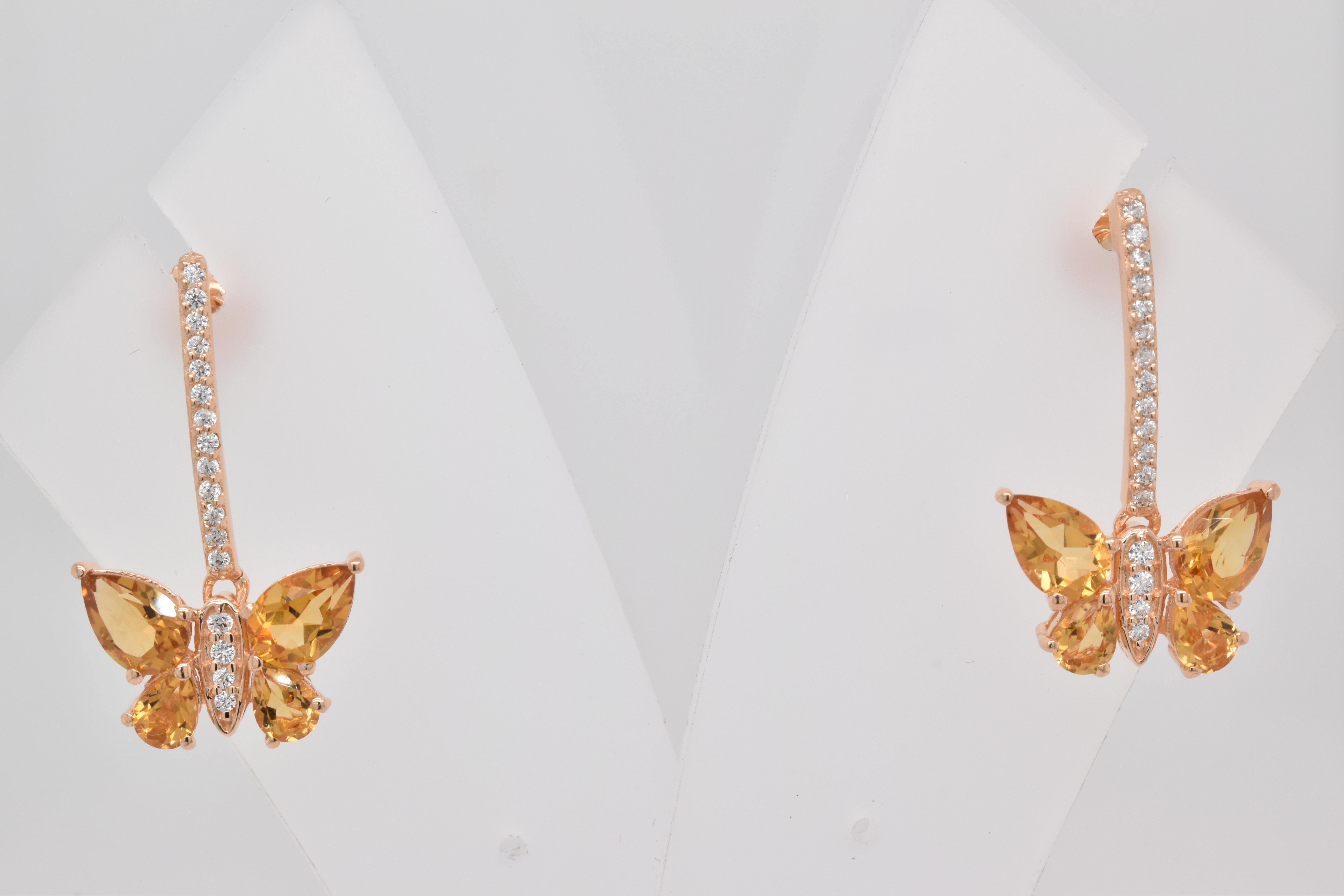 Pear Cut Pear Natural Citrine and CZ Rose Gold Over Sterling Silver Earrings For Sale
