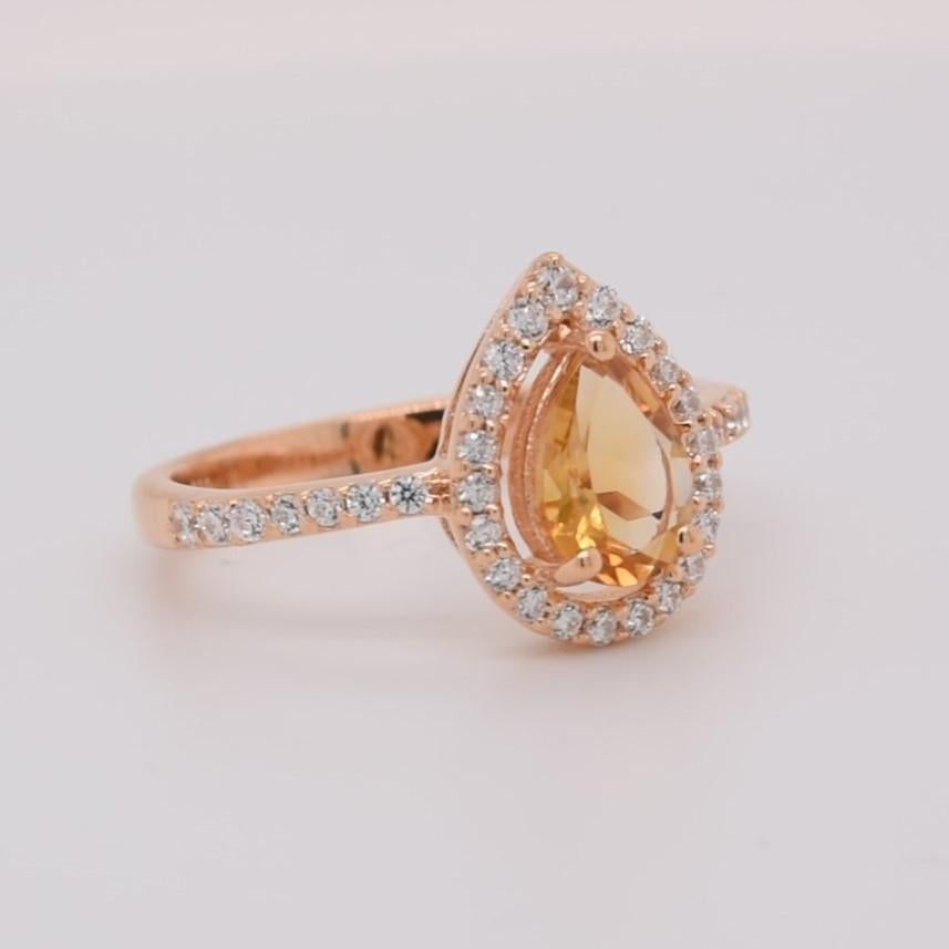 Pear Natural Citrine And CZ Rose Gold over Sterling Silver Ring In New Condition For Sale In Fort Lee, NJ