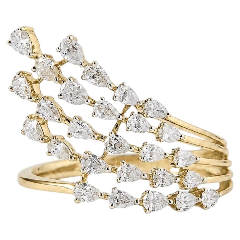 Pear Natural Diamond Cluster Wave Ring in 14K Solid Gold (Certified)