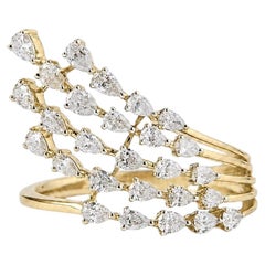 Pear Natural Diamond Cluster Wave Ring in 14K Solid Gold (Certified)