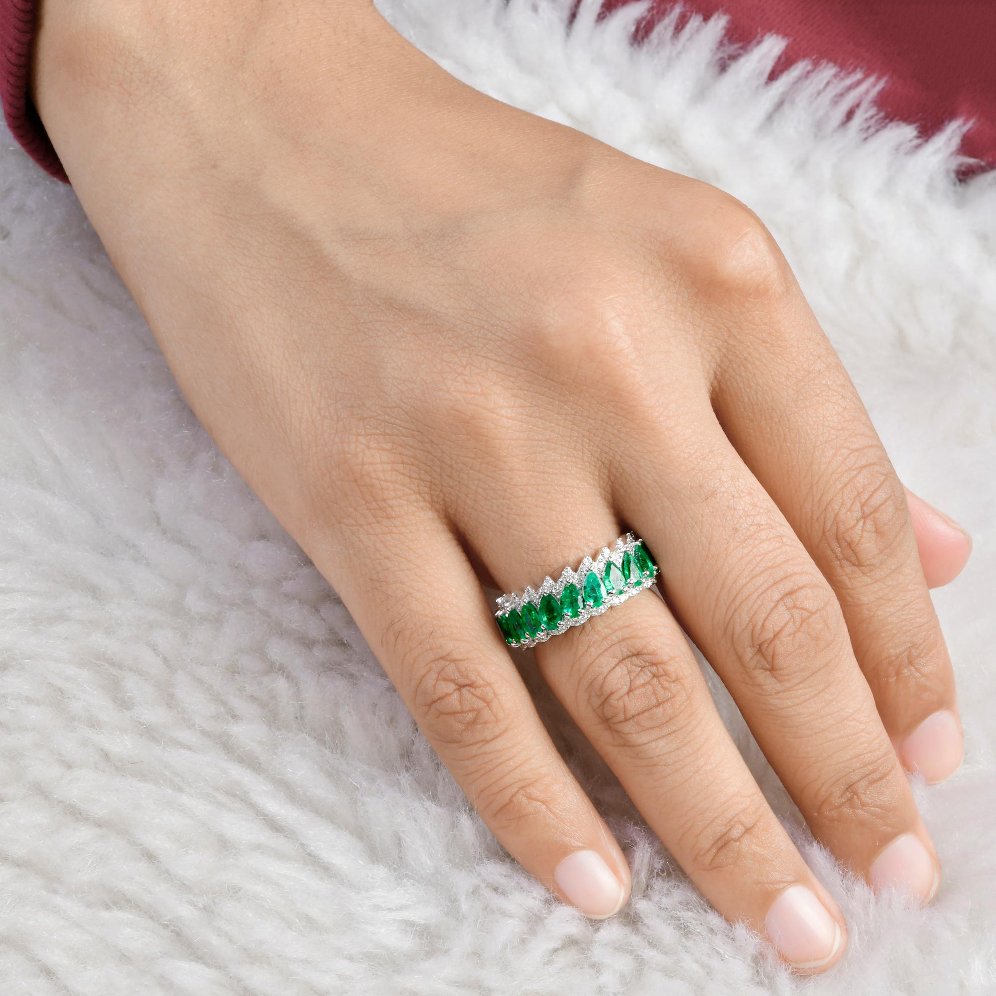 For Sale:  Pear Natural Emerald Band Ring Diamond Pave Solid 18k White Gold Fine Jewelry 6