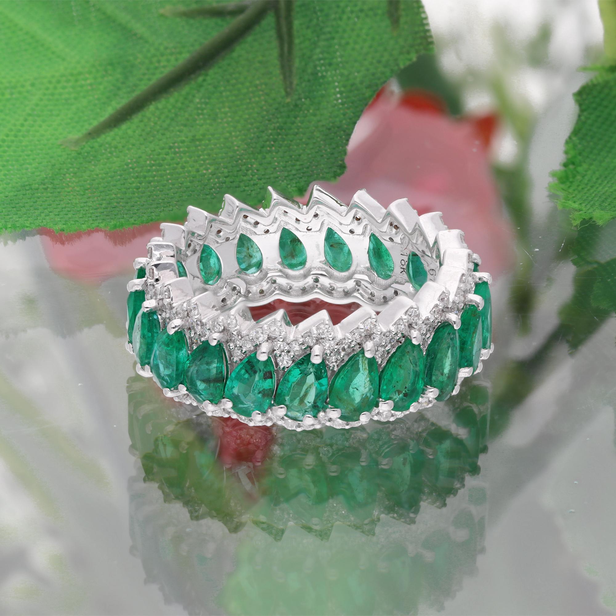 For Sale:  Pear Natural Emerald Band Ring Diamond Pave Solid 18k White Gold Fine Jewelry 7