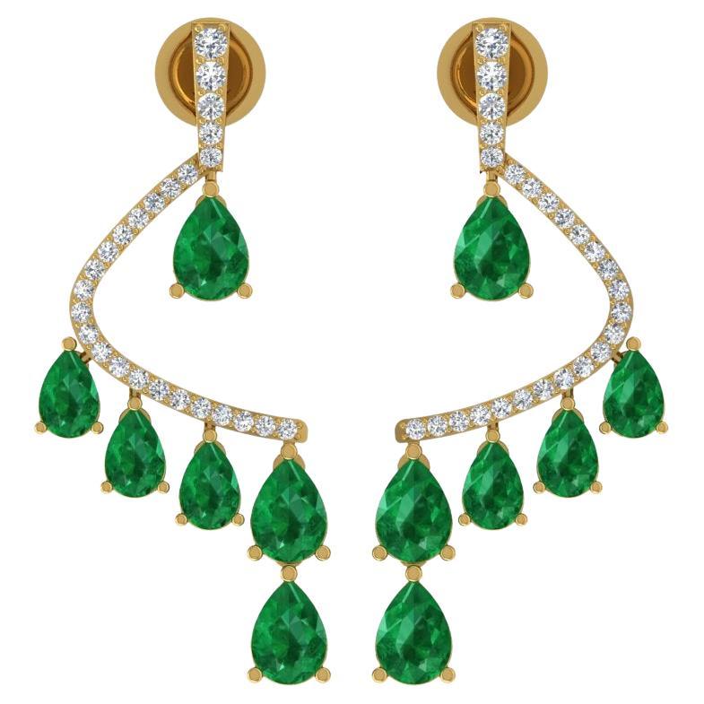 Pear Natural Emerald Dangle Earrings Diamond Pave Solid 14k Yellow Gold Jewelry