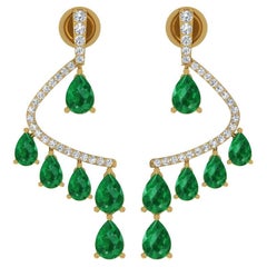 Pear Natural Emerald Dangle Earrings Diamond Pave Solid 14k Yellow Gold Jewelry