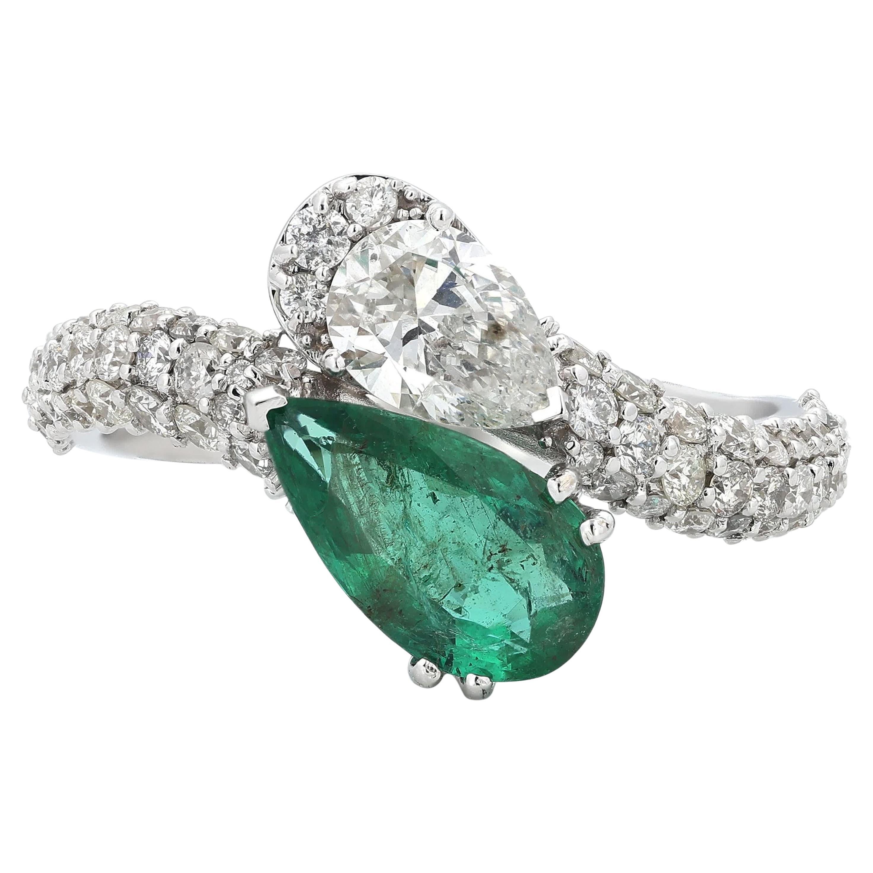 Birne natürlichen Smaragd Diamant Bypass Edelstein Ring in 14K Solid Gold (zertifiziert)
