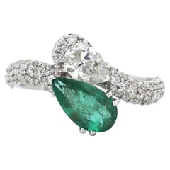 Anillo de oro macizo de 14 quilates con esmeralda natural pera y diamante (certificado) Anillo de oro macizo de 14 quilates con esmeralda natural pera y diamante (certificado)