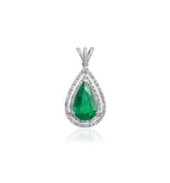 3.5ct Natural Pear-Cut Emerald & Diamond Double Halo Pendant in 18K White Gold