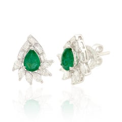 Real 1.03 Carat Pear Emerald Stud Earrings 1 carat Diamond 14 Karat White Gold