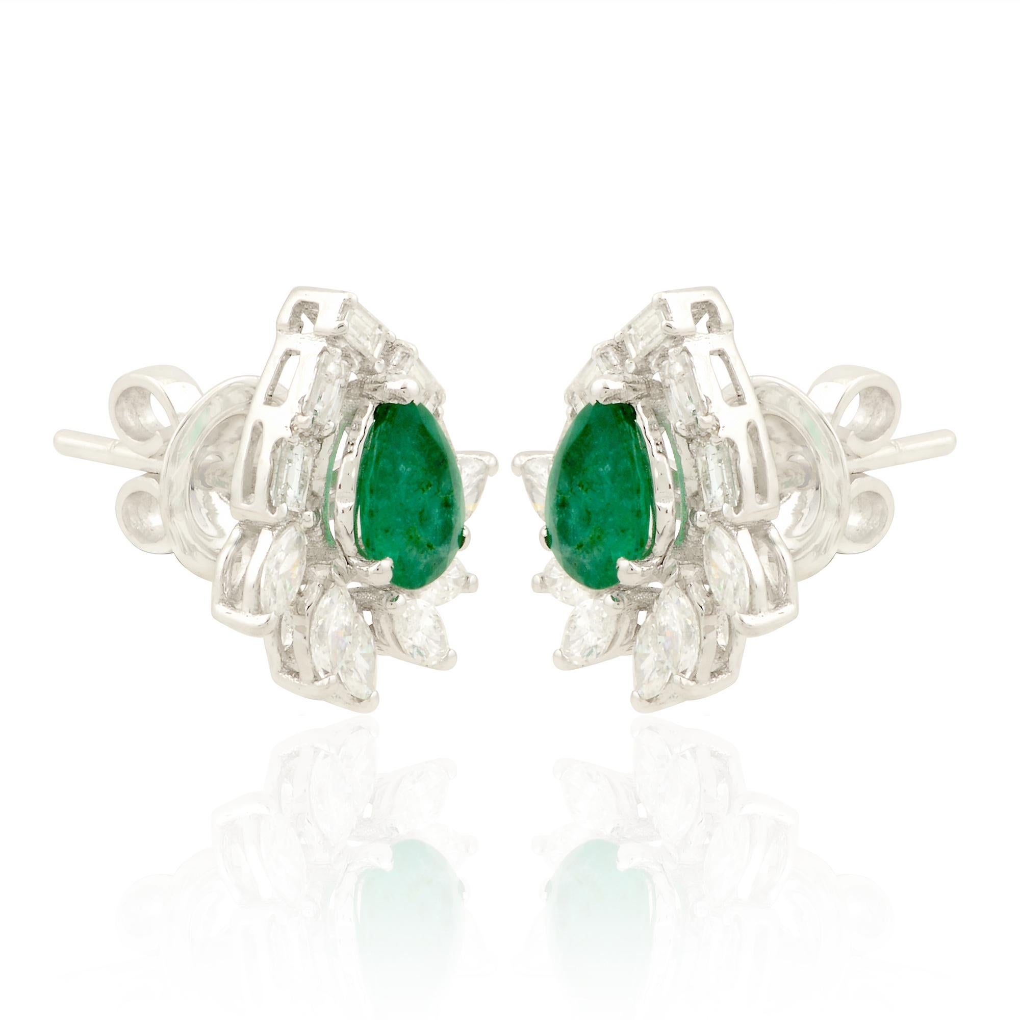 Pear Cut Pear Natural Emerald Fine Stud Earrings Diamond 14k White Gold Handmade Jewelry For Sale