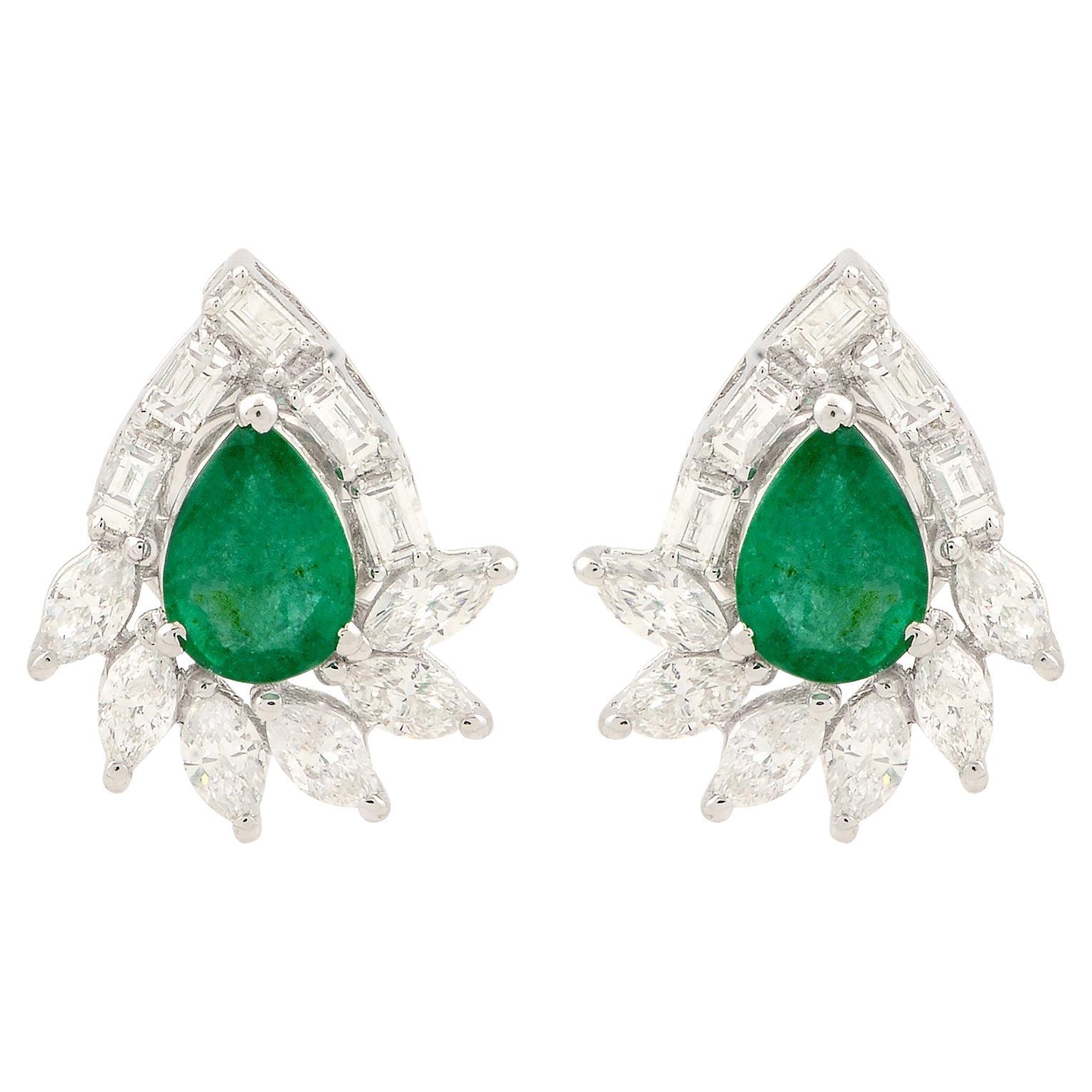 Pear Natural Emerald Fine Stud Earrings Diamond 14k White Gold Handmade Jewelry
