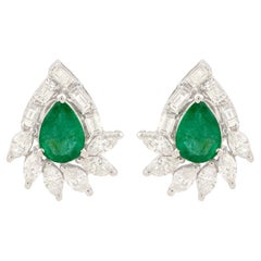 Pear Natural Emerald Fine Stud Earrings Diamond 14k White Gold Handmade Jewelry