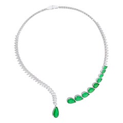 Pear Natural Emerald Gemstone Collar Choker Necklace Diamond 14 Karat White Gold