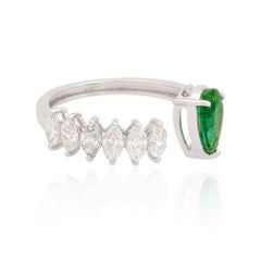 Pear Natural Emerald Gemstone Cuff Marquise Diamond 18k White Gold Cocktail Ring