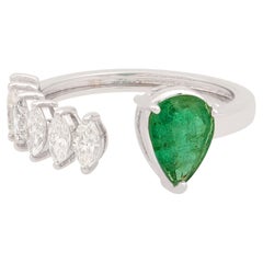 Pear Natural Emerald Gemstone Cuff Marquise Diamond 18k White Gold Cocktail Ring