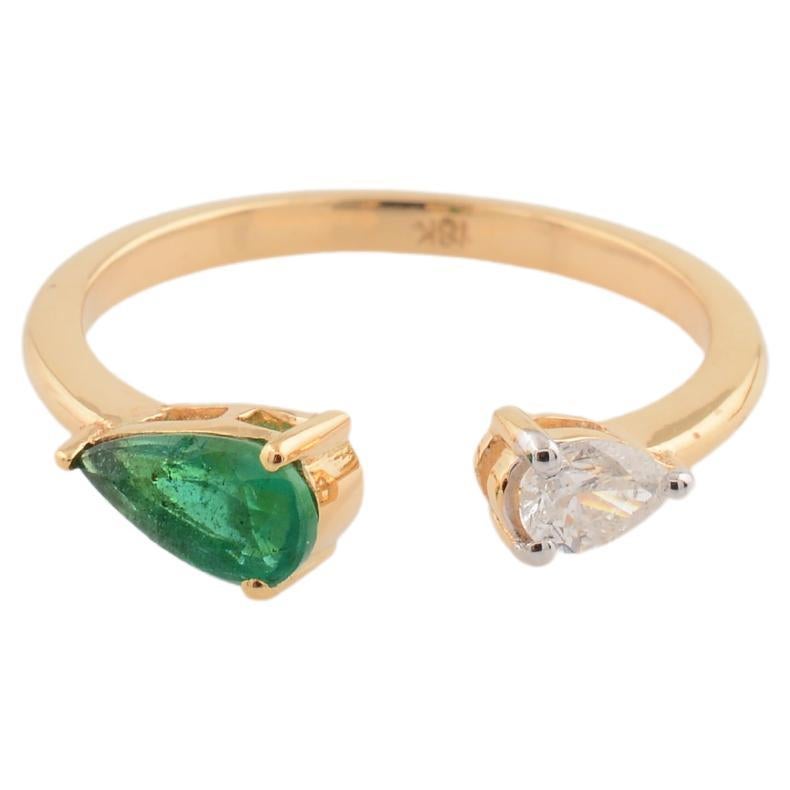 Pear Cut Natural Pear Zambian Emerald Gemstone Cuff Ring Diamond 18 Karat Yellow Gold For Sale