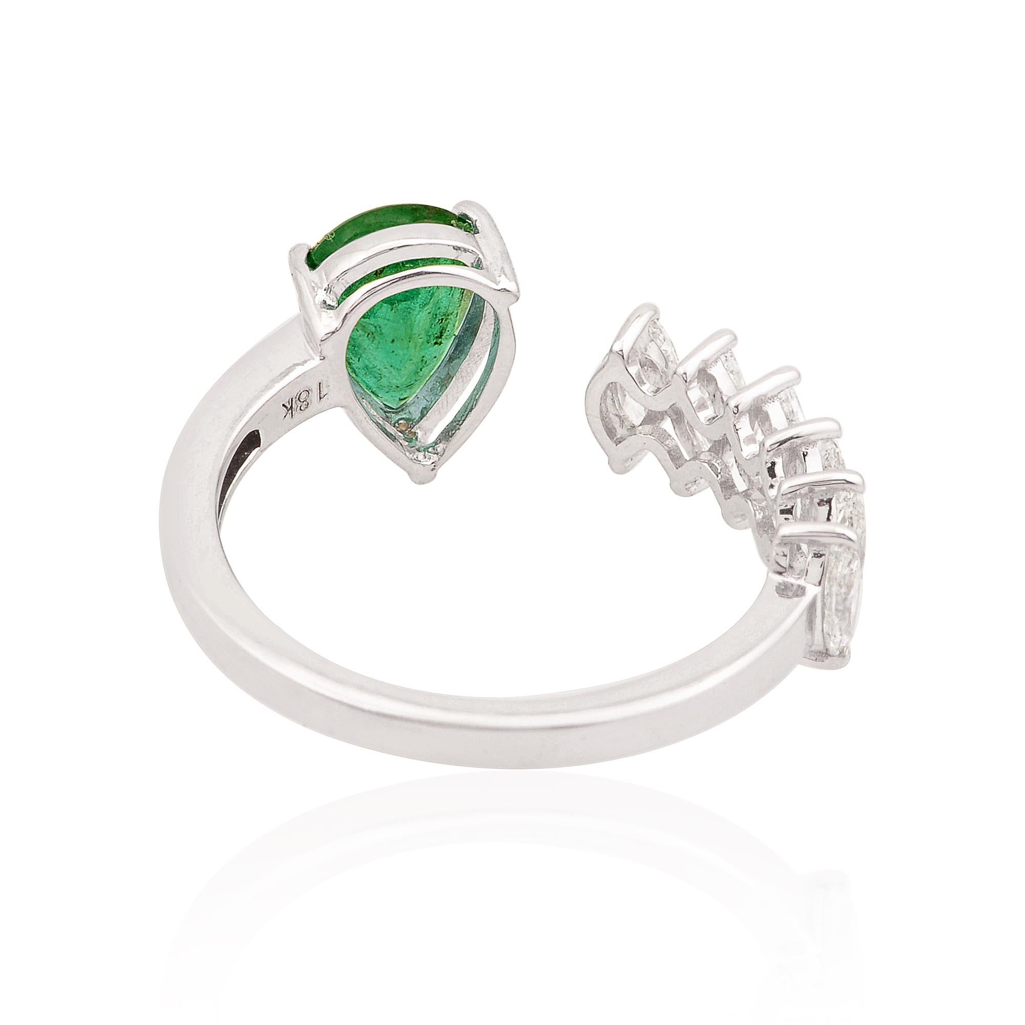 Modern Pear Natural Emerald Gemstone Cuff Ring Marquise Diamond 14k White Gold Jewelry For Sale