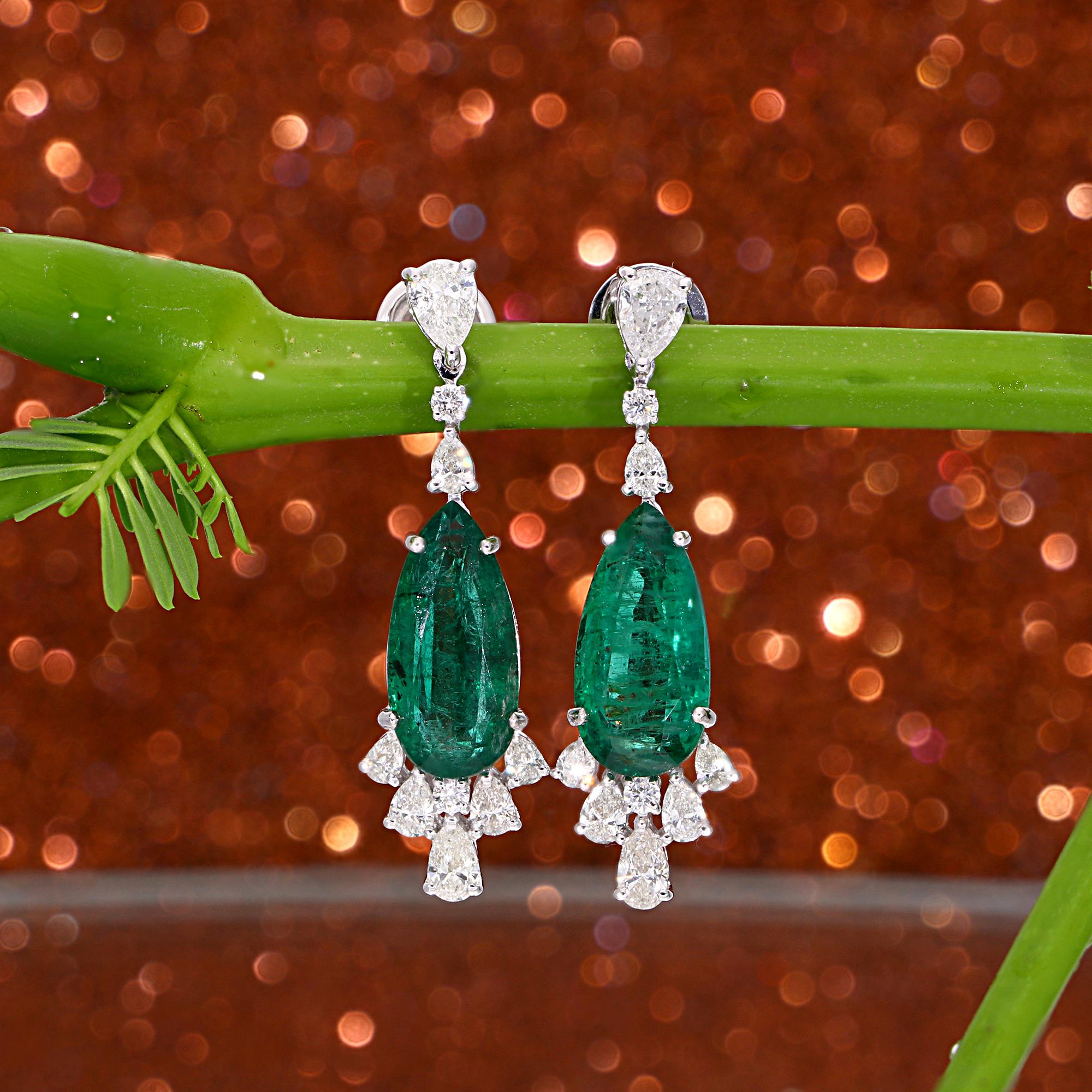 Modern Pear Natural Emerald Gemstone Dangle Earrings Diamond 14 Kt White Gold Jewelry For Sale