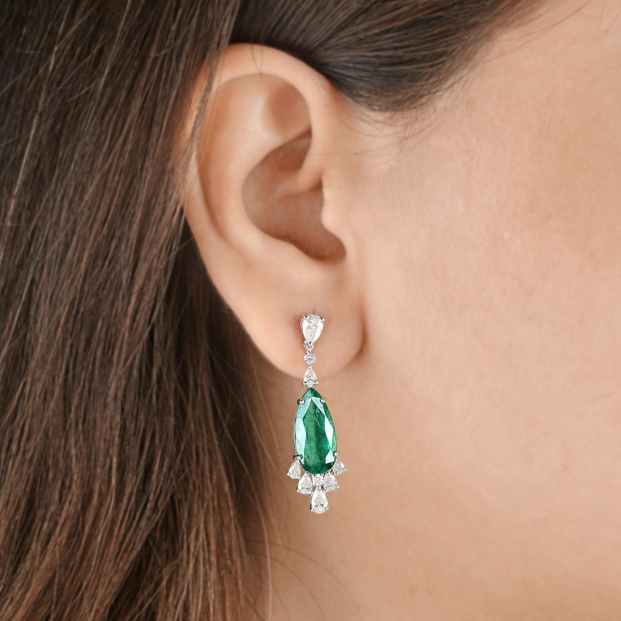 Pear Cut Pear Natural Emerald Gemstone Dangle Earrings Diamond 14 Kt White Gold Jewelry For Sale