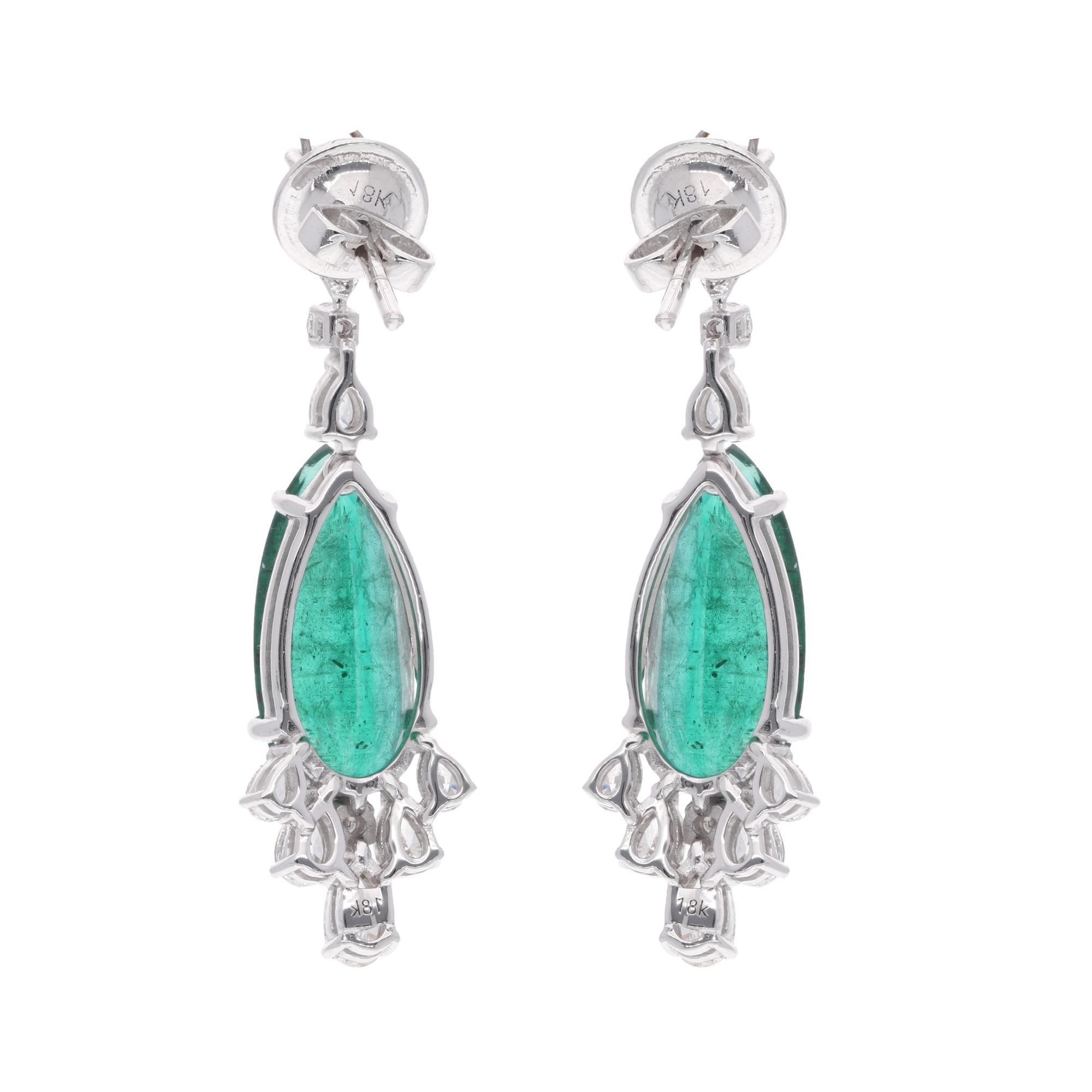 Women's Pear Natural Emerald Gemstone Dangle Earrings Diamond 14 Kt White Gold Jewelry For Sale