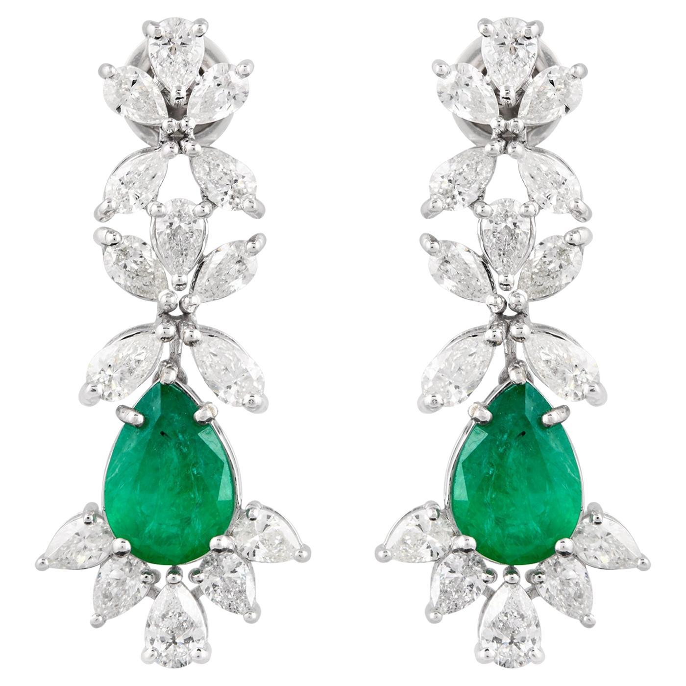Pear Natural Emerald Gemstone Dangle Earrings Pear Diamond 14 Karat White Gold
