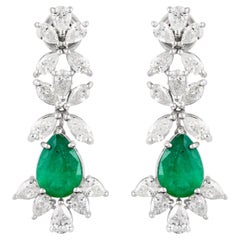 Pear Natural Emerald Gemstone Dangle Earrings Pear Diamond 18 Karat White Gold