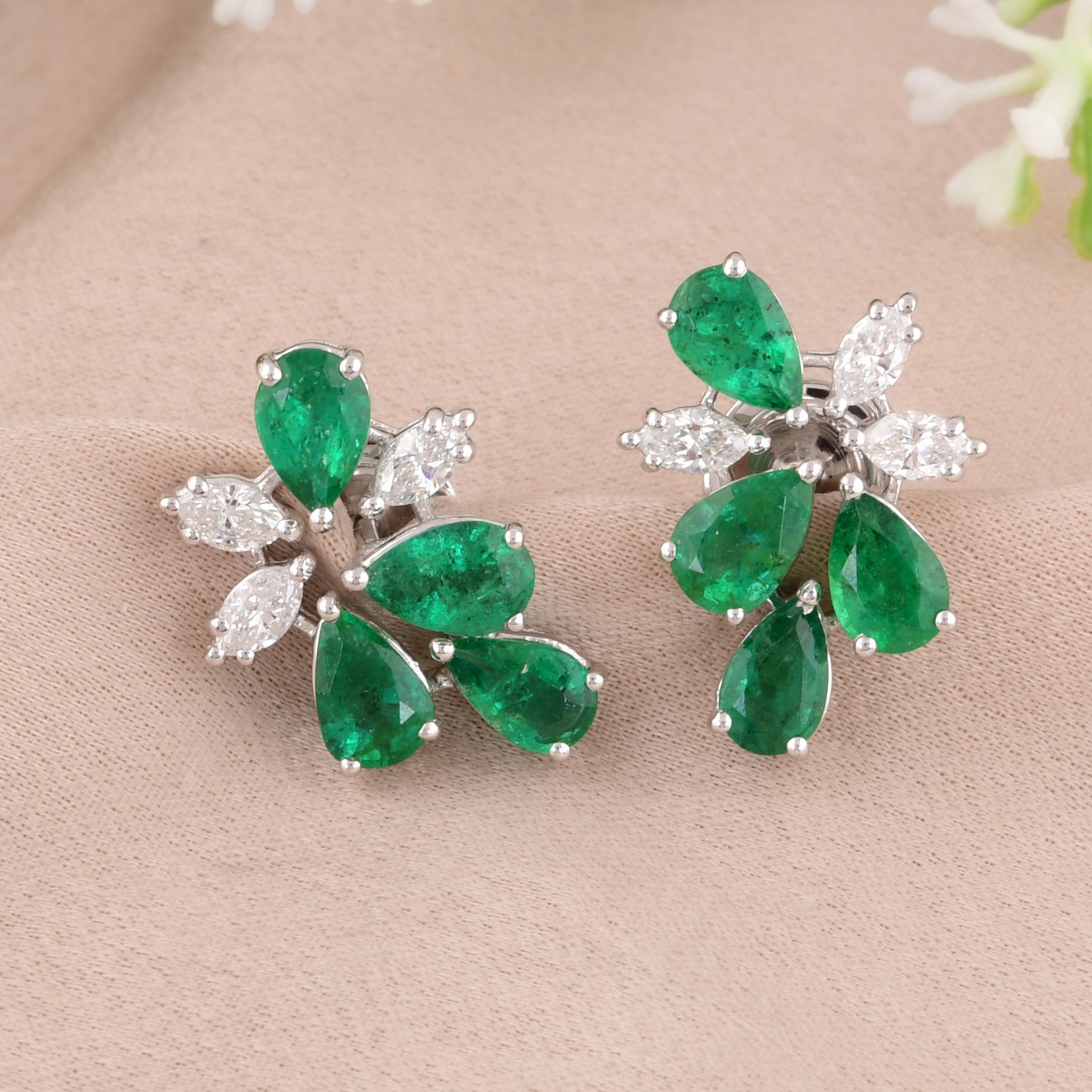 Modern Pear Zambian Emerald Gemstone Designer Fine Stud Earrings Diamond 14k White Gold For Sale