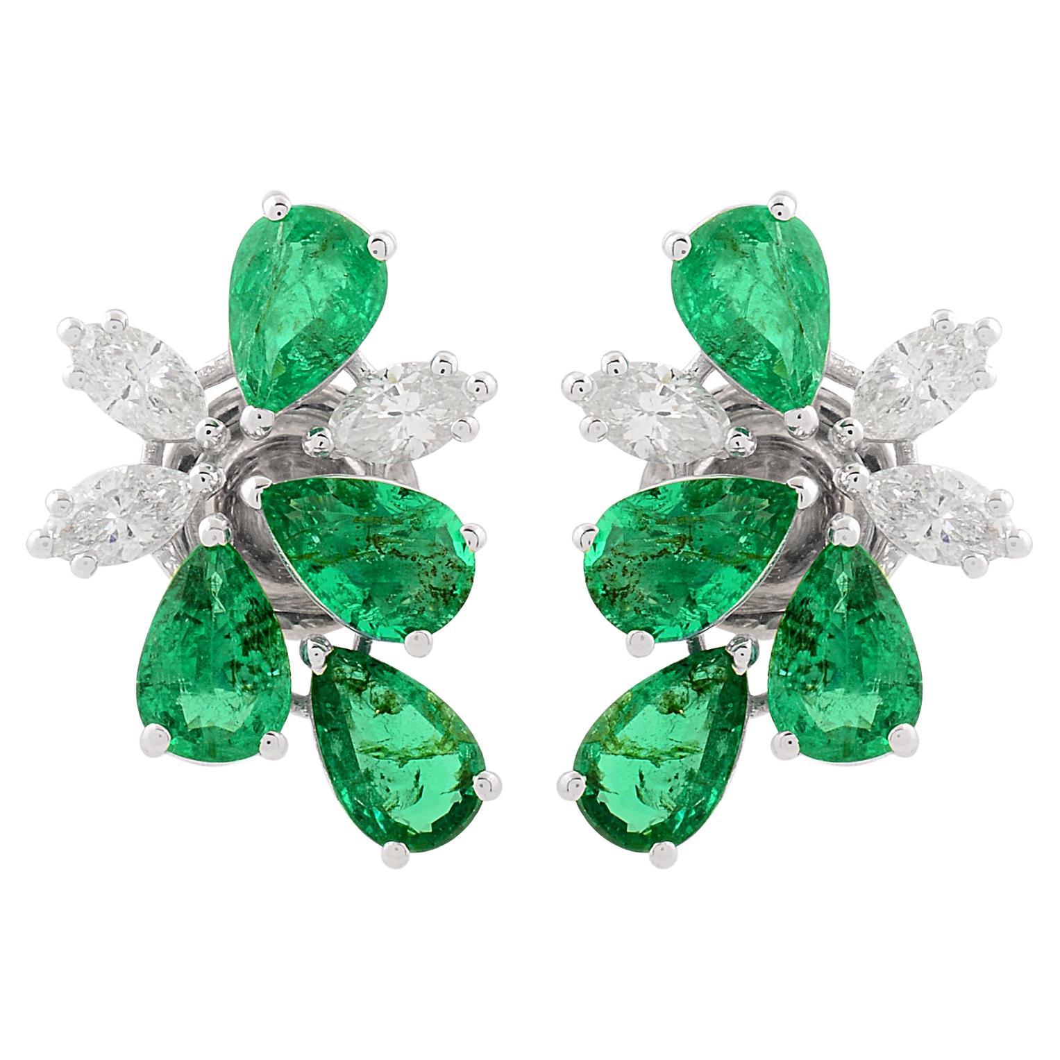 Pear Zambian Emerald Gemstone Designer Fine Stud Earrings Diamond 14k White Gold For Sale