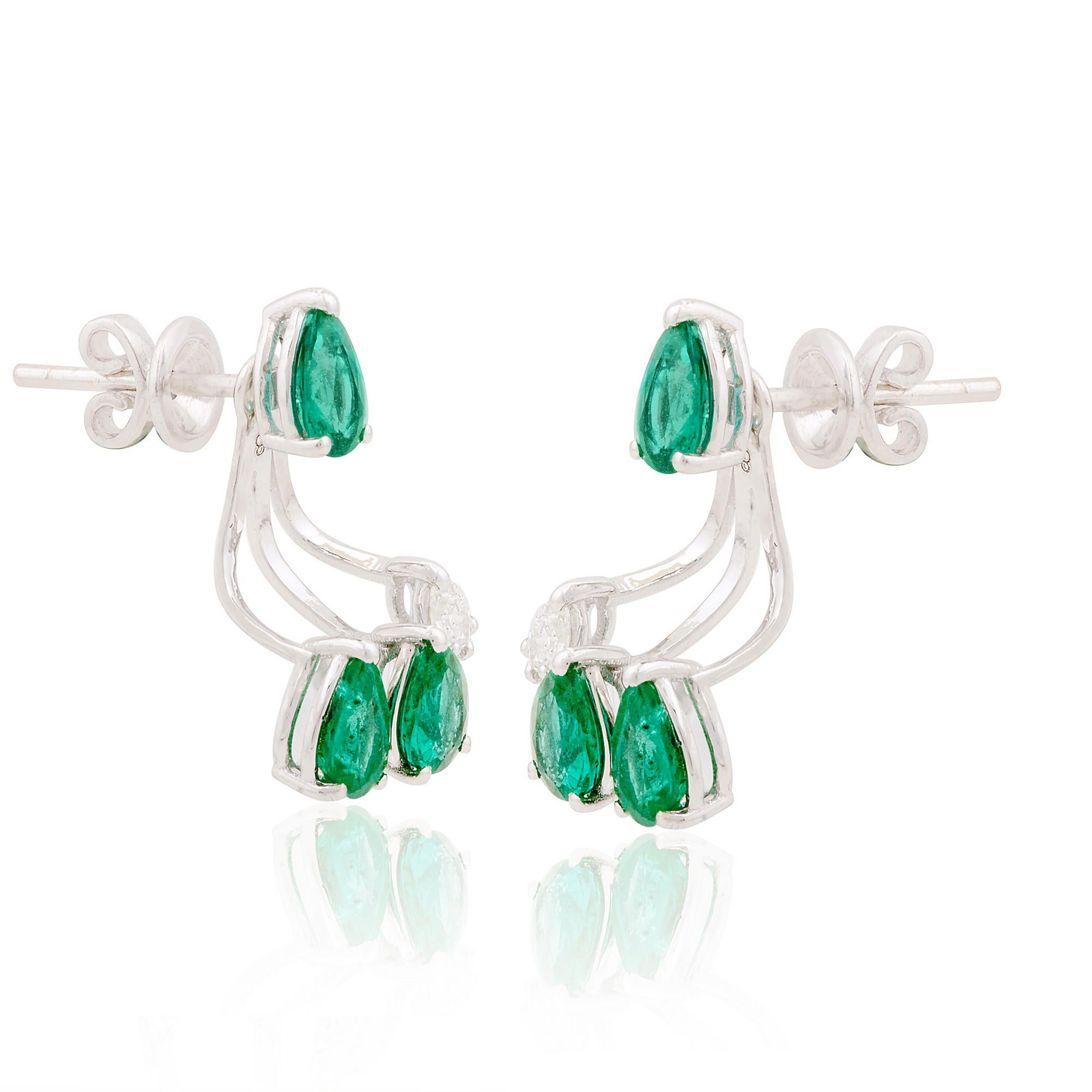 Women's Pear Natural Emerald Gemstone Jacket Earrings 14k White Gold Diamond Jewelry For Sale