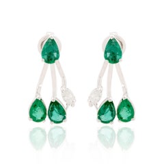 Pera Esmeralda Natural Pendientes de la chaqueta de piedras preciosas de oro blanco de 14k Joyas de diamantes