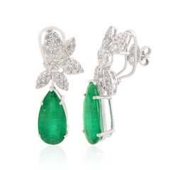 Pear Natural Emerald Gemstone Leaf Earrings Diamond Pave 18k White Gold Jewelry