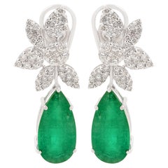 Poire Emeraude Naturelle Boucles d'Oreilles Feuille Diamant Pave Or Blanc 18k Bijoux