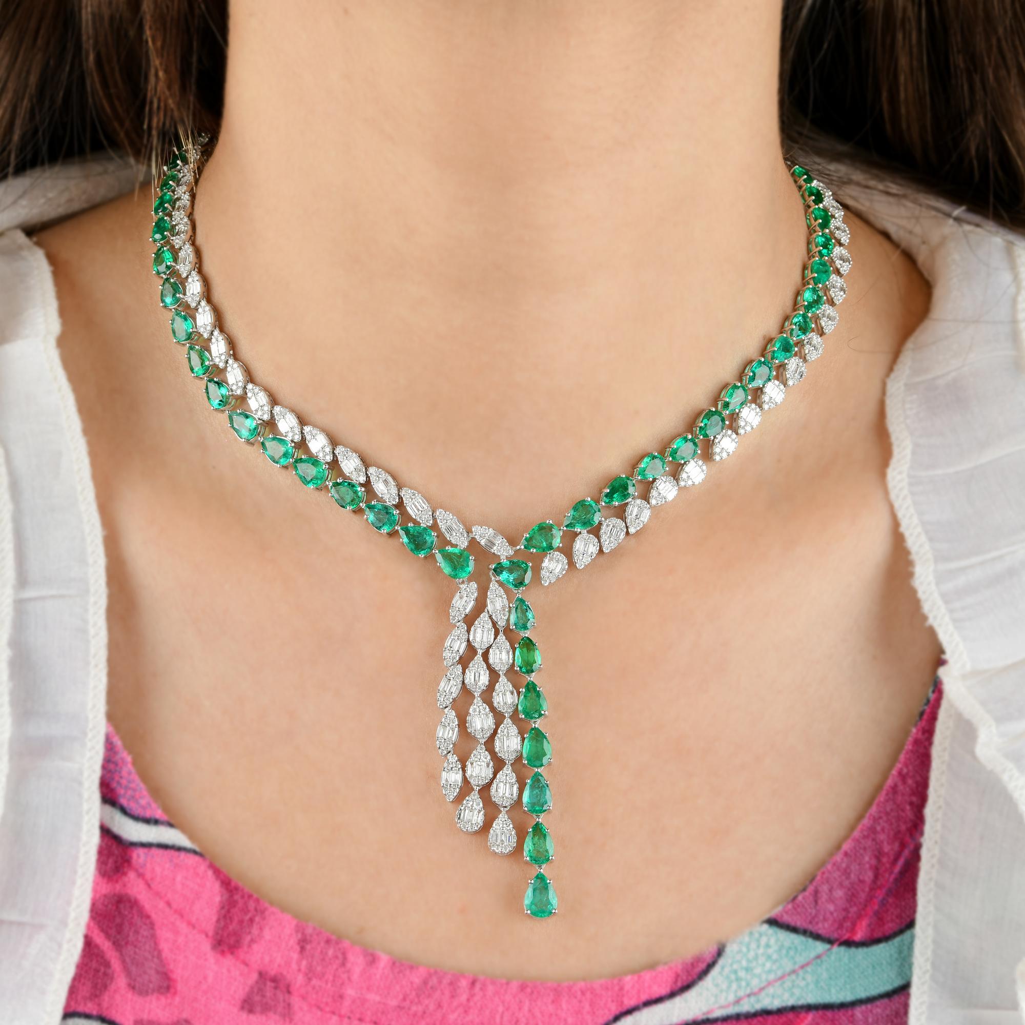 Modern Pear Natural Emerald Gemstone Necklace Baguette Diamond 14 Karat White Gold For Sale