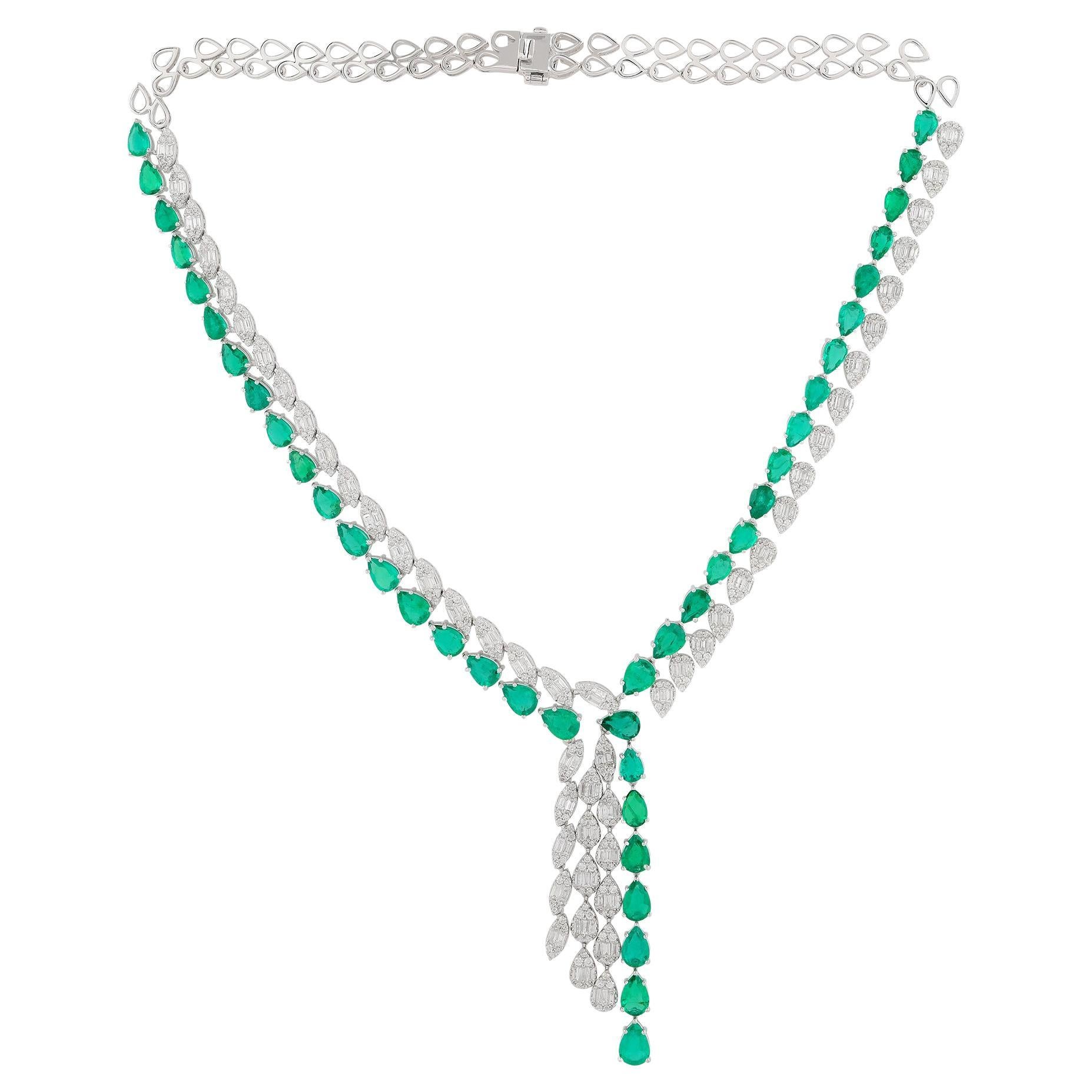 Pear Natural Emerald Gemstone Necklace Baguette Diamond 14 Karat White Gold For Sale