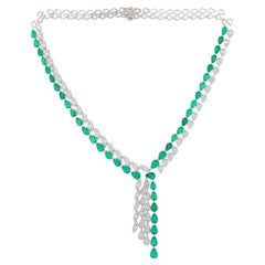 Pear Natural Emerald Gemstone Necklace Baguette Diamond 14 Karat White Gold