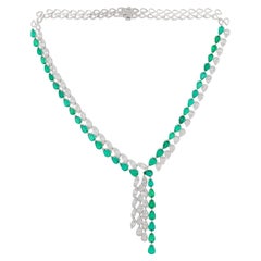 Collier de pierres précieuses émeraude naturelle poire Baguette diamant Or blanc 14 carats